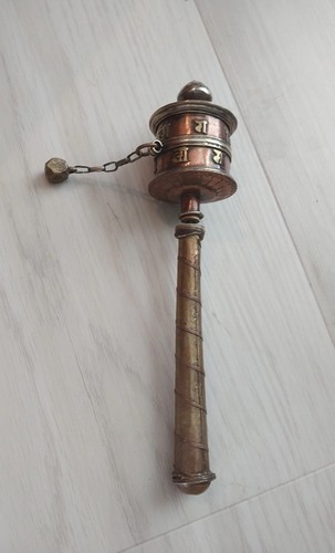 Antique TIBETAN PRAYER WHEEL WITH SCROLL SILVER COPPER SPINS