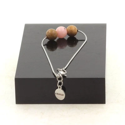 Pierres et Minéraux. Bracelet en acier inoxydable 1 Perle Opale Rose + bois 8 m - Photo 1/2