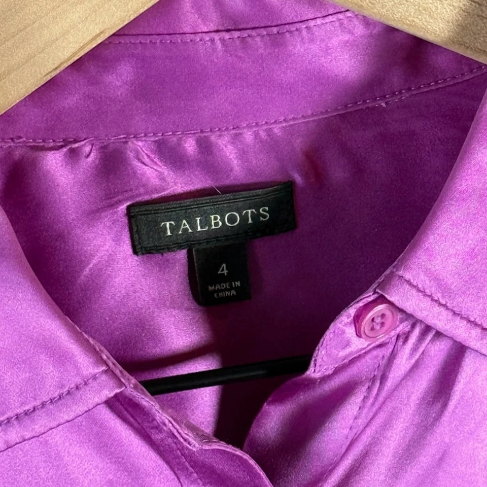 Blusa Talbots 100 % seda abotonada púrpura ciruela clásica tranquila de lujo para mujer 4 Foto 3 de 4
