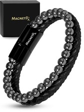 MagnetRX Hematite Leather Magnetic Bracelet Max Strength Natural Stone Medium