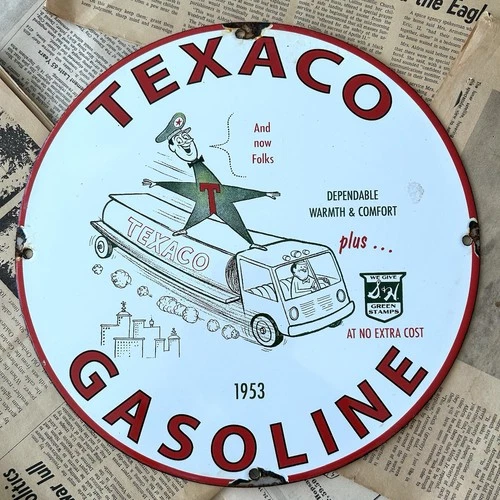 VINTAGE 1953 TEXACO GASOLINE SERVICE GAS OIL PUMP 12 INCH PORCELAIN ENAMEL SIGN