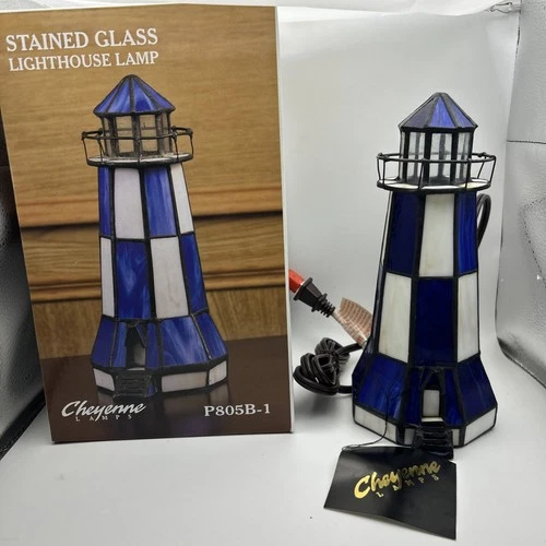 Cheyenne Vintage Tiffany Style Blue Stained Glass Lighthouse Table Lamp NEW