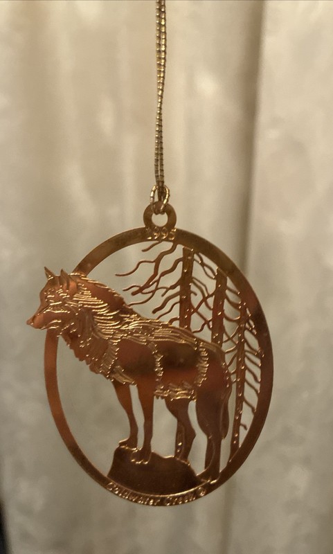 1995 Coldwater Creek Wolf Brass Ornament 2.75” Collectible Goose Pond