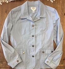 Talbots Women s Utility Jacket Sz 12 Blue Cotton Stretch Button Up Work Wear