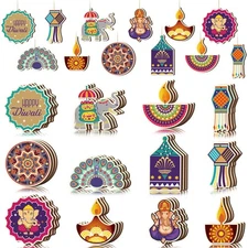 36 Pieces Happy Diwali Wooden Hanging Ornaments Decoration Indian Theme Festi...