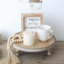 Rustic Round Wood Tray Riser Farmhouse Pedestal Stand With Beaded Edge for De...