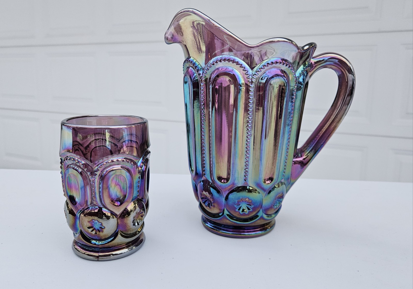 Weishar Moon And Star Amethyst Carnival Fullsize Water Set Pitcher 6 Tumblers