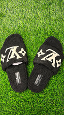 Black Faux Fur Logo Slide Slippers US 9 Unisex Open Toe Rubber Outsole