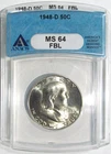 1948-D FRANKLIN Silver Half Dollar ANACS MS 64 FBL