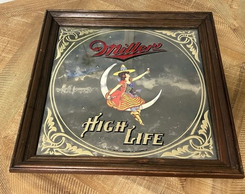 Vintage Miller High Life - Girl Witch on the Moon - Beer Mirror Bar Sign 19"x19"