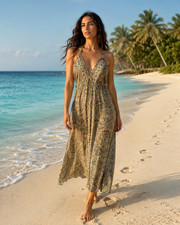 Handmade Boho Silk Paisley Maxi Dress, Block Printed Floral V-Neck