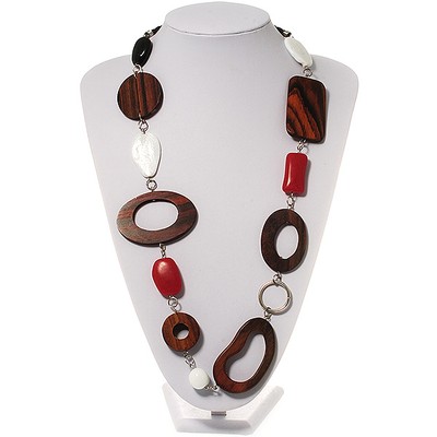 Wood & Silver Tone Metal Link Leather Style Long Necklace (Dark Brown, Coral,