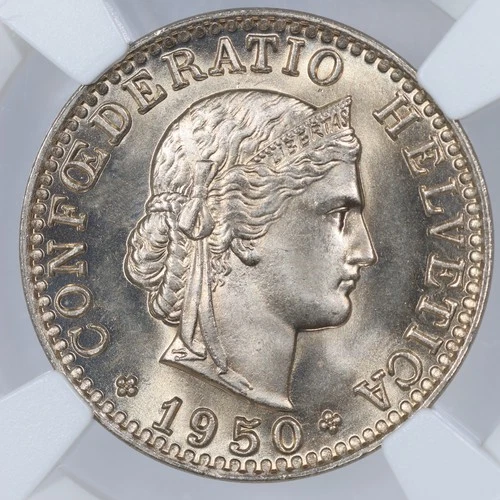 1950-B Switzerland 20 Rappen - NGC MS67 - Top Pop (13/0)