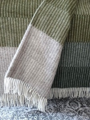 Wolldecke Plaid 140x200cm Wohndecke   100%Wolle  Schurwolle Olive/Grau