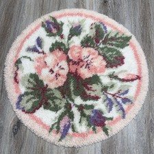 Vintage 70s 80s Bucilla Latch Hook Rug Pink Floral Cottage Rose 34" Round