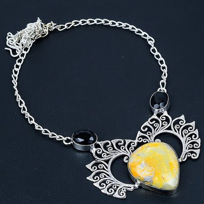 Bumble Bee Jasper, Black Spinel 925 Sterling Silver Necklace 18''