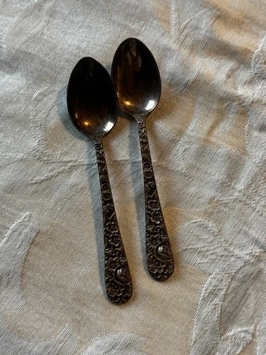 Pair of S. Kirk & Son Sterling 1920's Repousse Demitasse 4 3/8" Spoons 2pcs