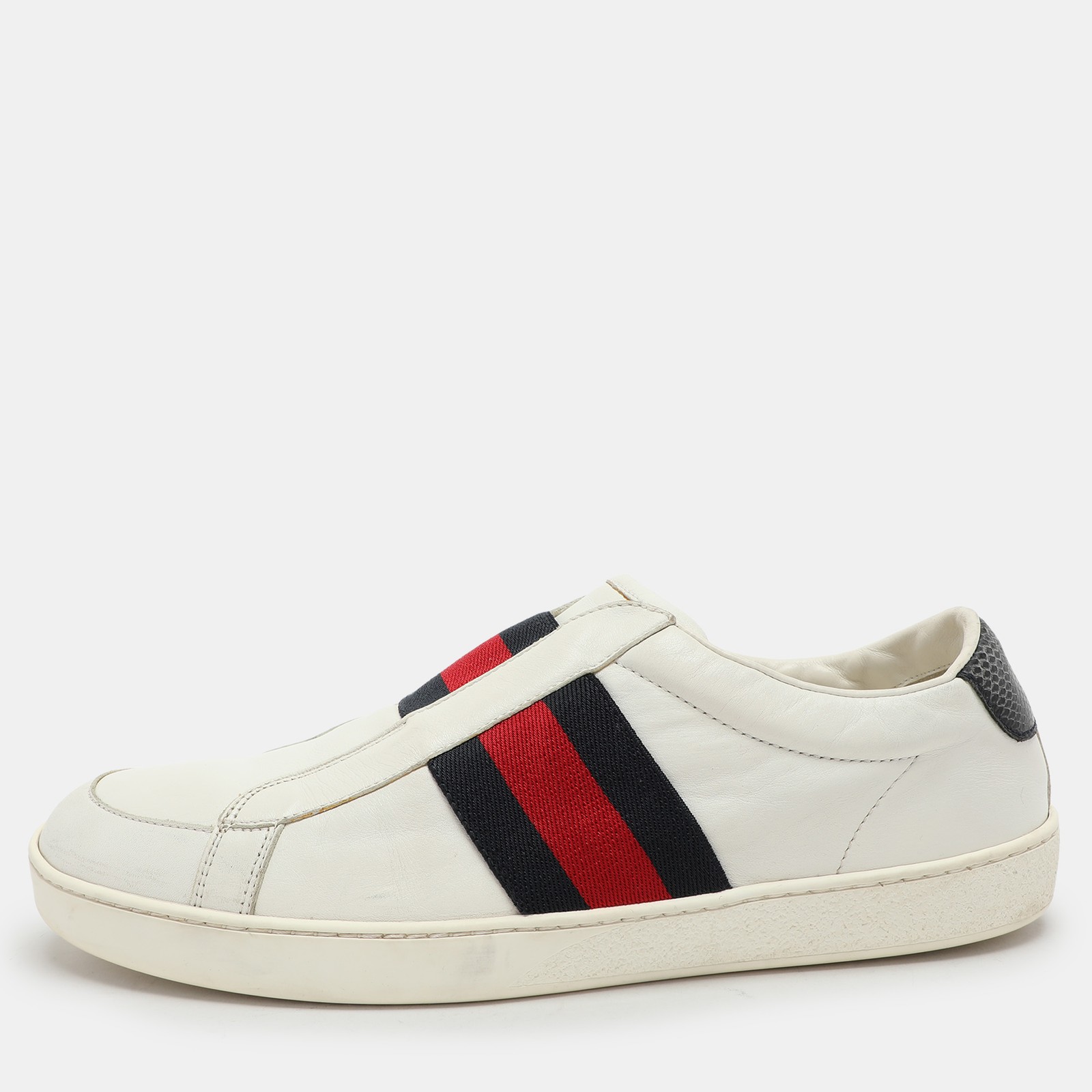 Gucci White Leather Web Slip-On Sneakers EU 43