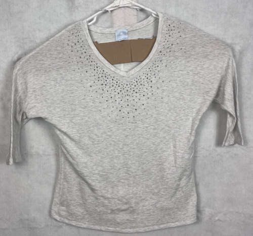 Anthropologie Sunday Rhinestone Studded Women Medium V neck Gray S/S Embellished