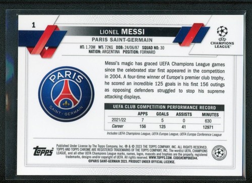 2023 LIONEL MESSI TOPPS CHROME UEFA CHAMPIONS LEAGUE BLUE SAPPHIRE - Picture 2 of 2