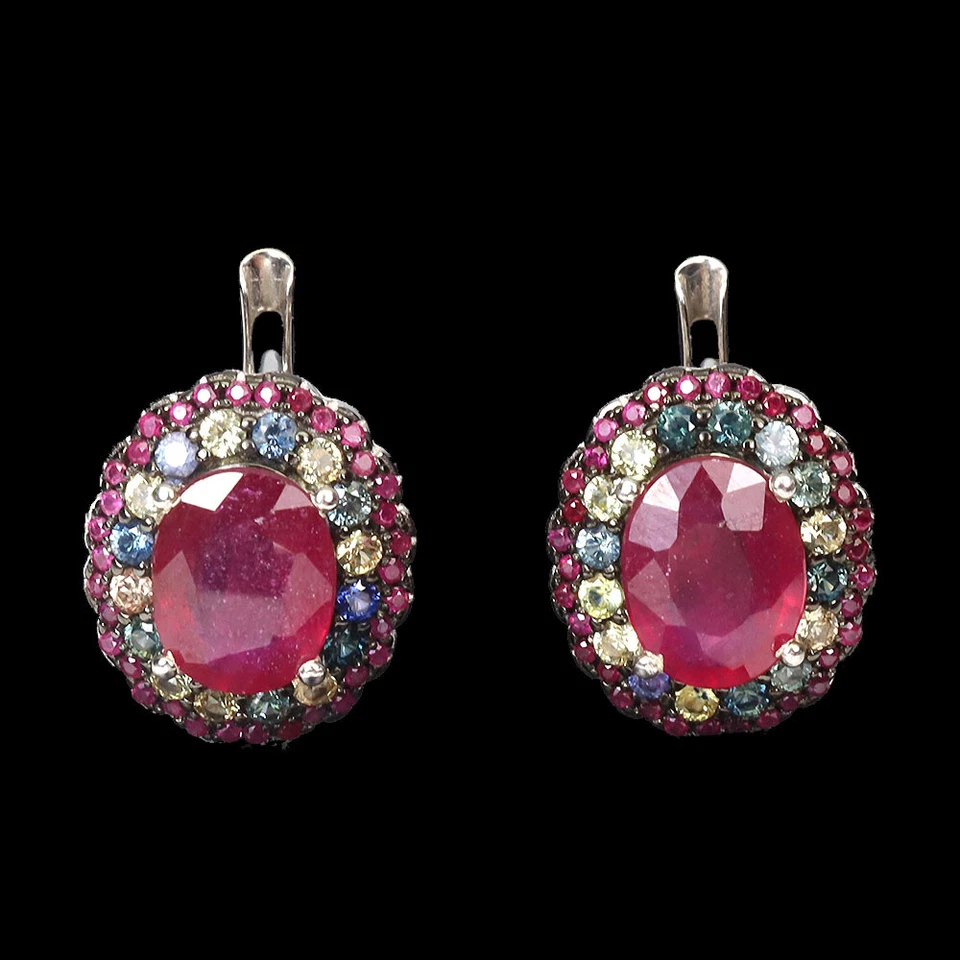 925 Sterling Silver Earrings Oval Ruby Round Ruby Myanmar Sapphire Gemstone - Image 2 of 4