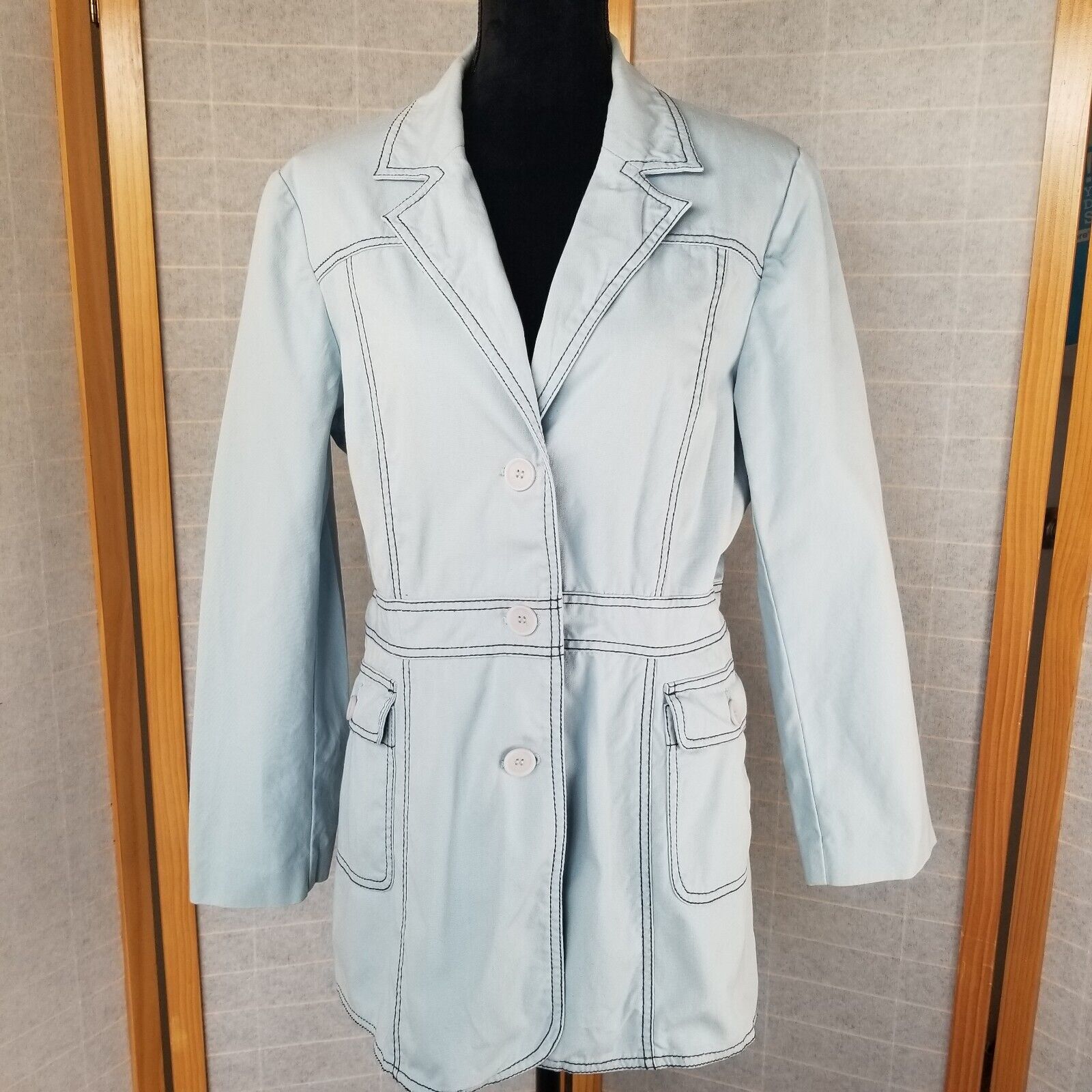 Vintage Blue Cotton Trench Coat Chambray Size 14 - image 2