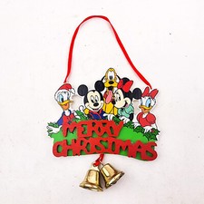 Vintage Wood Christmas Ornament Disney Mickey  Friends with Bells