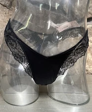 Victoria's Secret Satin & Lace High Leg THONG Panty Sz M BLACK NWT$16.95
