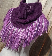 NEW Hand Knitted Purple Infinity Boho Cowl Scarf Fringe Handmade Knit