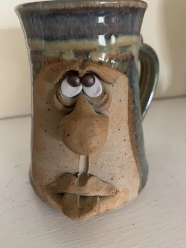 Vintage Ugly Face Mug 3D Art Pottery Coffee Mug Cup Handmade Stoneware Stamped