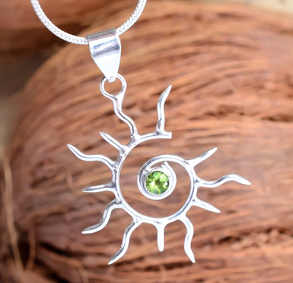 Peridot Cut Gemstone925 Sterling Silver Jewelry Designer Sun Pendant Necklace-BC - Image 2 of 4
