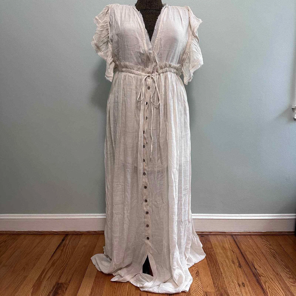 Peach Love California cream gauze extra long plunge neck maxi