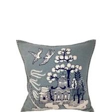 Jan Constantine Hand Embroidered  Wool Pillow Light Blue/Grey chinoiserie New