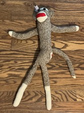 Vintage Handmade Sock Monkey Girl w/ Bow 24  Plush Stuffed Toy