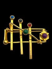Vintage G N BUONANNO Matte Gold Tone Cabochon Stones Pin Brooch Modernist