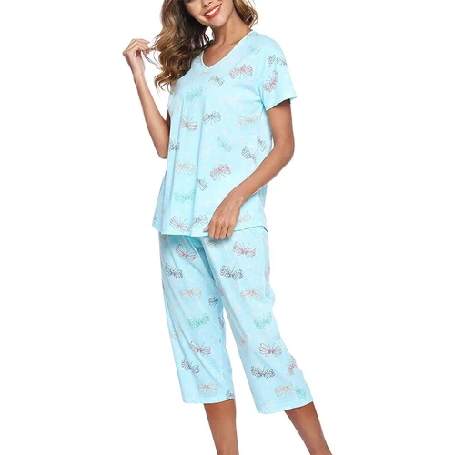 Ladies Pajamas Sets V Neck Sleepwear Women Baggy Dailywear Short Sleeve - Picture 14 of 41