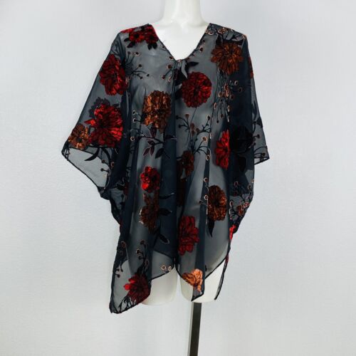 Black Floral Shawl Red Brown Velvet Flower Sheer Pull On Cover Up One Size