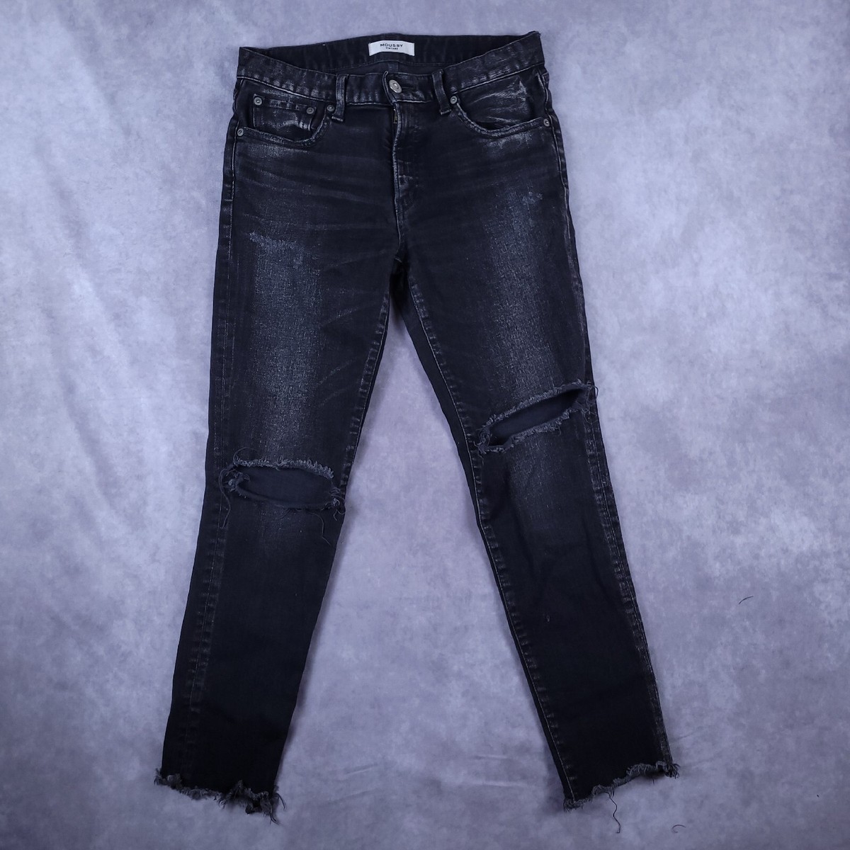 Moussy Vintage Womens Sz 27 Jeans Black Denim Destroyed Raw Moussy Vintage Womens Sz 27 Jeans Black Denim Destroyed Raw