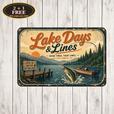 Lake Life Fishing Sign Leaping Fish Boat Pier Vintage Retro Travel Metal Sign