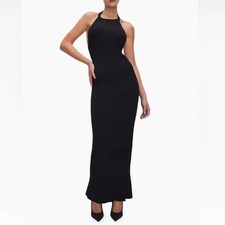 NWT Good American Shine Ribbed Halter Maxi Dress - Black - Bodycon - Size S