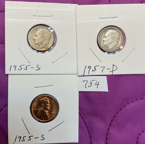 2  Circ. Roosevelt Dimes -1955-S**1957-D 90% Silver + CH. BU 1955-S Linc.01 #754