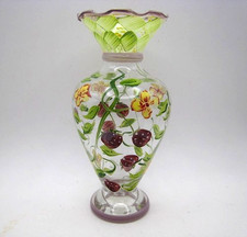 Tracy Porter Hand Blown & Painted Glass Vase-Green, Lavender, Red Strawberries