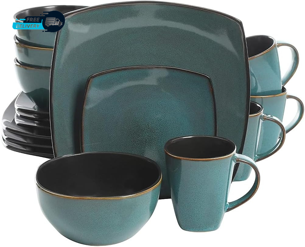 Gibson Elite Soho Lounge 16Piece Reactive Glaze Dinnerware Set Square Teal Green