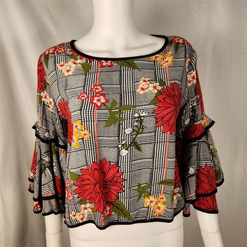 True Destiny Carmen Miranda Vibe Bell Sleeve Floral Cropped Blouse Indie/2000s M