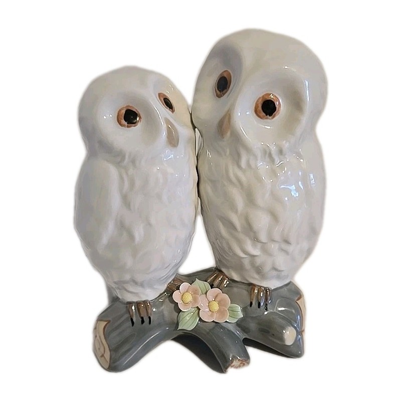 Vintage Porcelain Adorable 2 White Owls On Branch Figurine 6.5x5" Cascades Spain