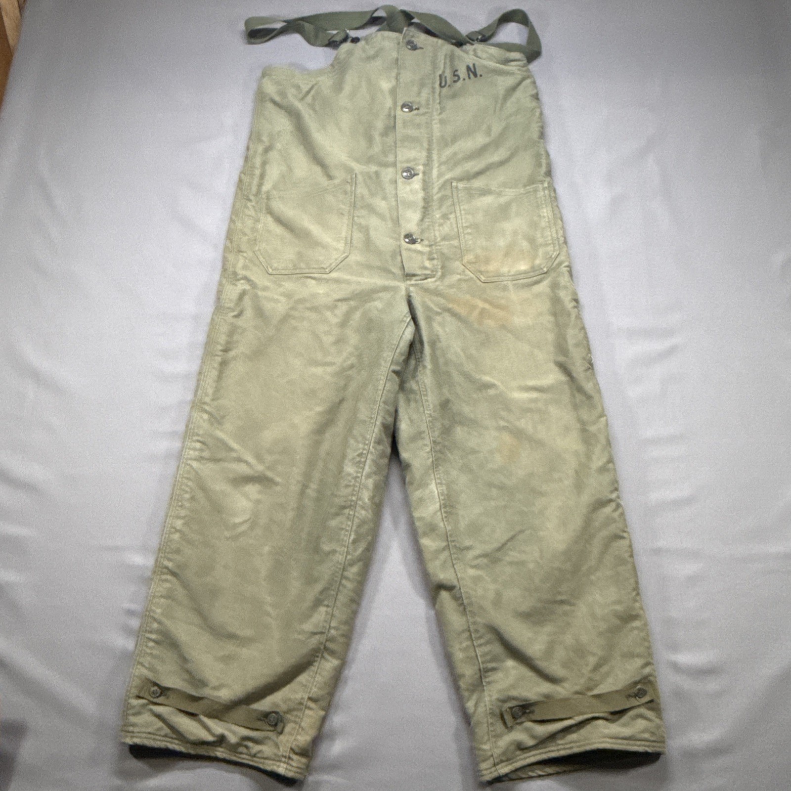 Vintage WWII US NAVY Mens M Brown Alpaca Lined Insulated USN Work Deck Bibs - second product detail image