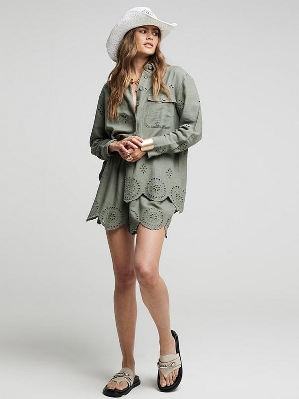 River Island Linen Blend Broderie Anglaise Shirt 14 Khaki Blouse