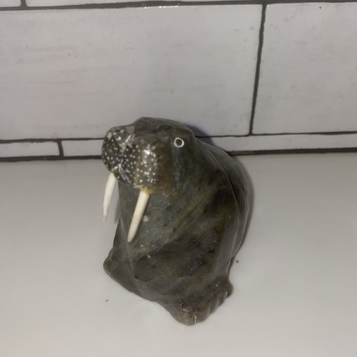 Vintage Inuit Art Carved Grey Soapstone Figurine Walrus Signed "Luke"