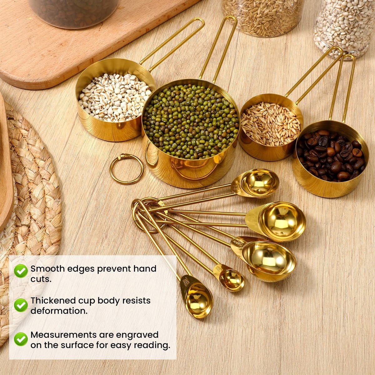 Gold Measuring Cups And Spoons Set Stainless Steel Stackable Metal