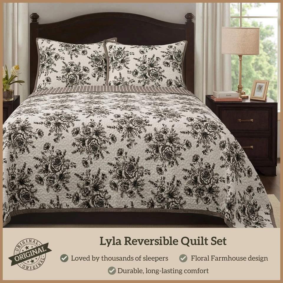 Juego de edredón Lyla 3 piezas con fundas de almohada, tamaño king, algodón floral reversible... Foto 2 de 4